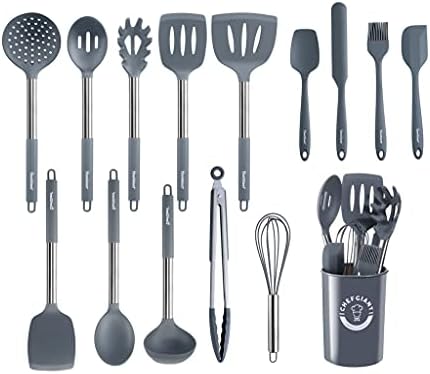 15 Piece Silicone Cooking Utensils Set | Stainless Steel Handle Kitchen Utensils Sets | Nonstick, Heat Resistant, BPA Free & Dishwasher Safe | Grey