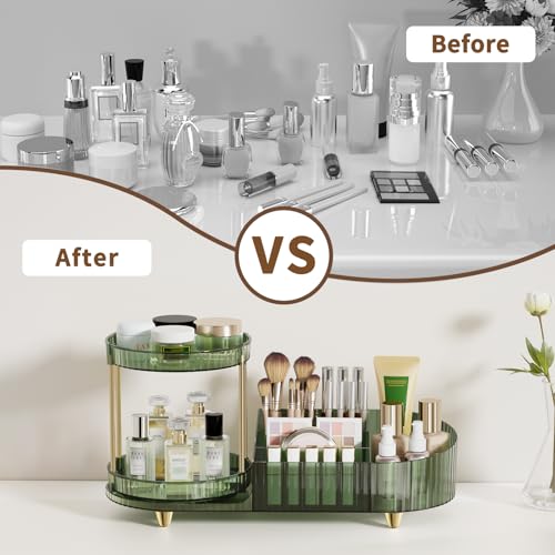 Image of 360 Rotating Makeup Organizer for Vanity, 2 Small Trays & 5 Compartments for Cosmetics, Skincare, Perfume, Lipstick & Make up Brush Holder, Bathroom Countertop Organizers and Storage for Dresser, Desk