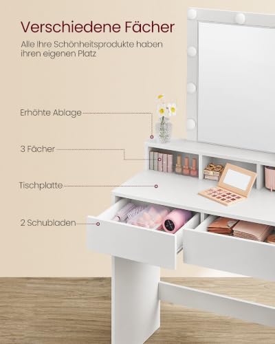 VASAGLE Schminktisch mit Spiegel und Beleuchtung, 2 Schubladen, Wolkenweiß – Ansicht 4