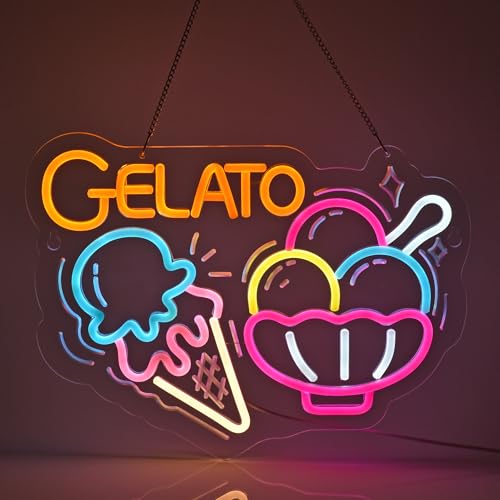 Image of Gelato Neon Sign, Neon Lights Hanging Wall Art Decoration for Restaturant Shop Food Truck Market Bakeries Cafe Celebration Home Decor, USB Powered Ultra Bright Dimmable,15.75x11.8inches