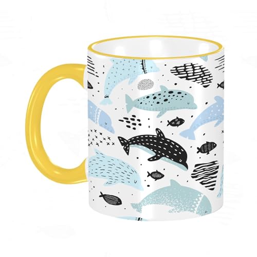 HWFOI Copa de cerámica interesante 11OZ tazas 330 ml - Regalo original y divertido Exquisita taza de impresión, Patrón Náutico con Delfines en Estilo Infantil. Fondo de Criaturas Marinas,Amarillo