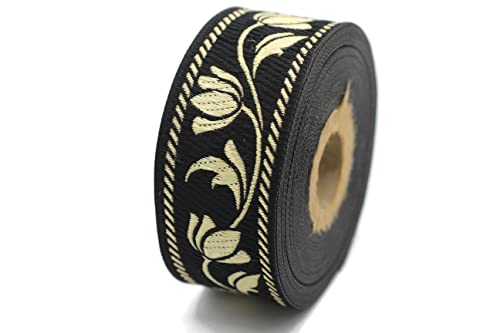 11 Yard Spool 1.37 Inches Wide Black And Gold Ottoman Tulips Jacquard Ribbon Sewing Trim Upholstery Fabric Costume Drapery Making Trimming 35090 #TOP1