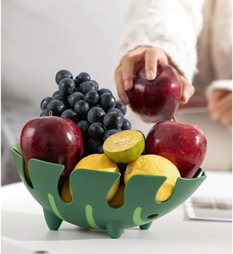 Image of Leaf Wash N Fruit Basket Green Plastic Leaf Shape Strainer Serving Bowl | Multipurpose Fruit & Vegetable Washer, Storage Decorative Tray | Space-Saving Stackable Design, 34x27x11 cm