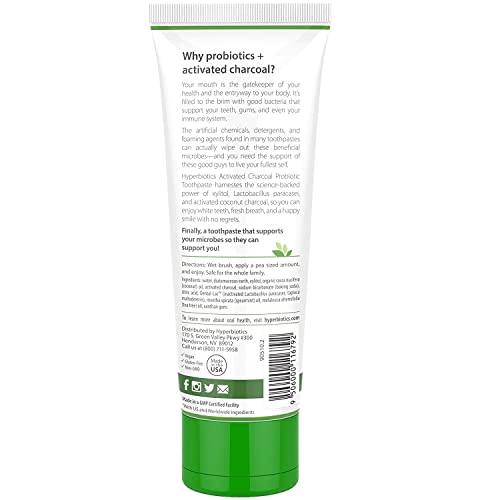 Hyperbiotics Activated Charcoal Probiotic Toothpaste | Oral Probiotics For Women And Men | Fluoride Free Whitening | Freshen Bad Breath, Gum Health Support, Whitens Teeth | Spearmint, 1 Tube, 4Oz #TOP1