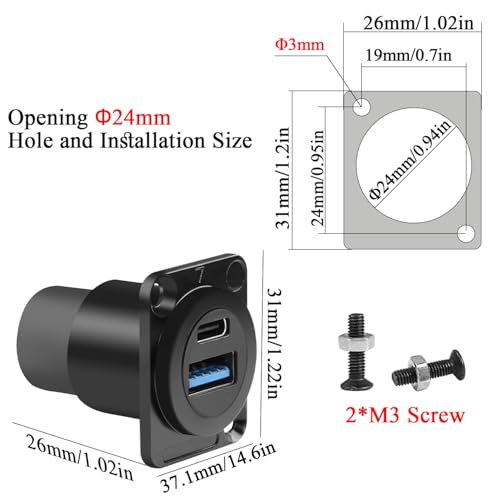 QIANRENON Adapter do montażu panelowego USB 3.0 i USB C 3.1 - USB A i USB C żeński na żeńskie stałe złącze ładowania danych do panelu typu XLR/D