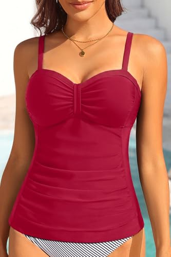 Image of Women's Underwire Tummy Control Swimsuit Top Push Up Bathing Suit Top | Unremovable Bra, Adjustable Straps, Full Lining, Shirred Bust, Side-Splicing Design, Criss-Cross Back