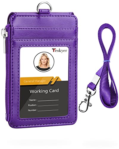 Teskyer Badge Holder with Side Zip Pocket, Multiple Card Slots Leather ID Holder Wallet with Neck Lanyard for Office Staffs, Teachers/Students, Couriers, Workers, Purple