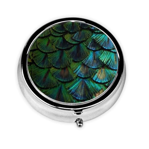 美しい孔雀の羽 小型 錠剤入れ ワンタッチ コンパクト 携帯用 薬ケース 大容量 丸い サプリケース 薬整理ケース ネックレス 紐 ネジ 収納ケース