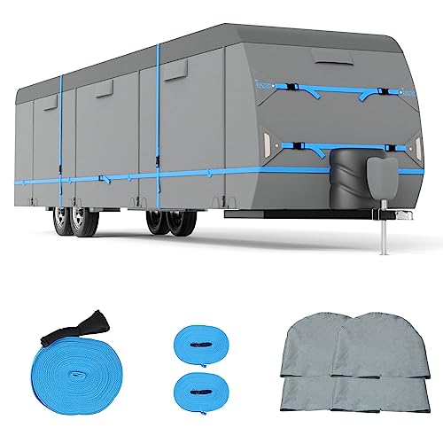 Tuszom 2023 Upgraded 7-Ply Travel Trailer Rv Cover Extra Thick Durable Camper Cover Toy Hauler Cover For 20'1"-22' Rv - Waterproof Rip-Stop Anti-Uv Breathable With 13 Windproof Straps, 4 Tire Covers #TOP4