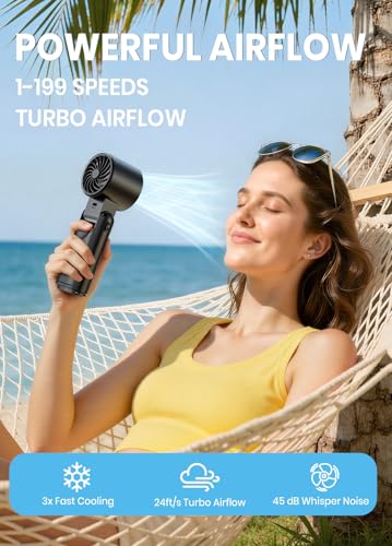 Image of Portable Handheld Turbo Fan, 1-199 Speed Adjustable with LED Display, High-Power Motor, Rechargeable Battery, 4 IN 1 Pocket Design Mini Fans for Indoor /Outdoor /Travel /Work, Black