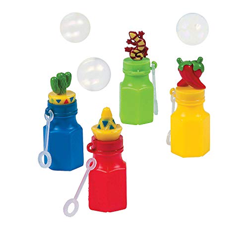 Fiesta Character Bubble Bottles for Cinco de Mayo (Hot Peppers, Cacti, Sombreros and Lizard Caps) Set of 12.