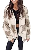 KevaMolly Womens Cardigan Sweater Z Apricot Sherpa Star Pattern Textured Sweater Cardigan with Pockets Stars Casual Sweater Coat XL