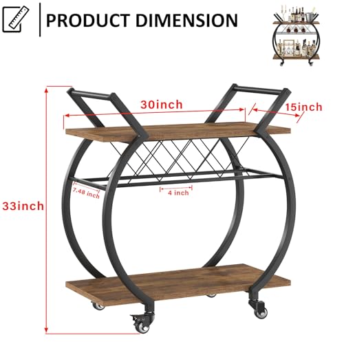Image of LVB Industrial Bar Cart, Beverage Serving Cart with Wheels, Rustic Brown
