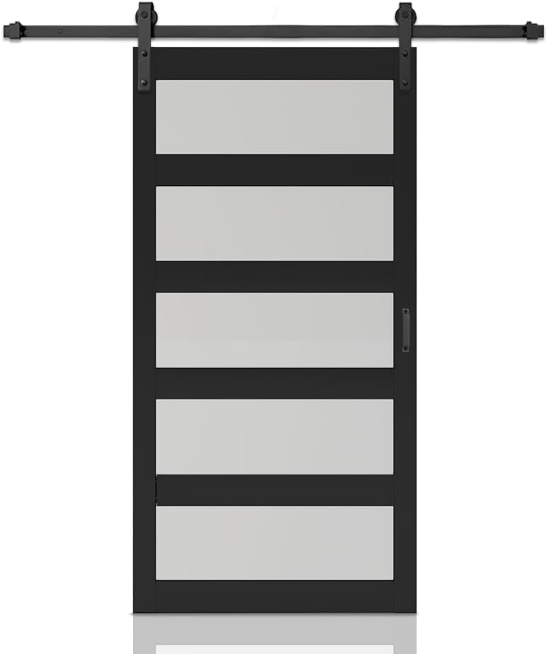 48 in. x 84 in. 5 Lite Tempered Frosted Glass Black Finished Composite Interior Sliding Barn Door with Hardware Kit Black 84x48