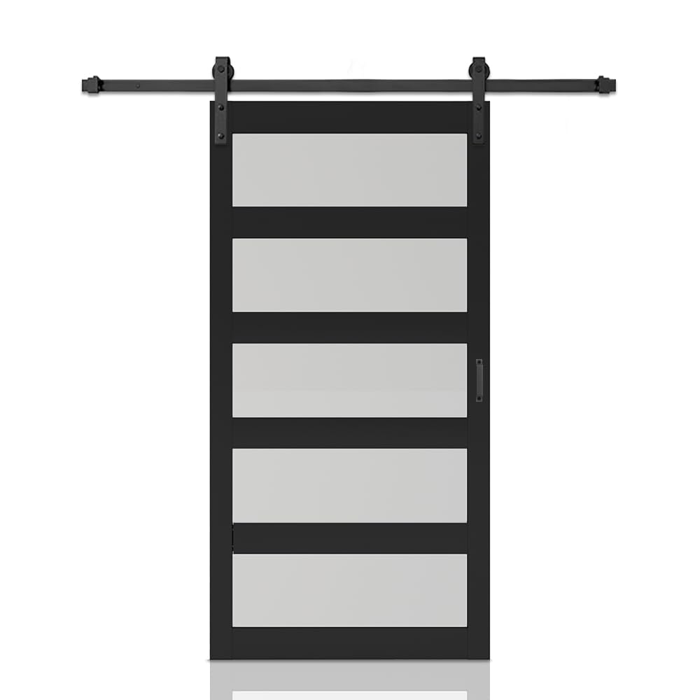 48 in. x 84 in. 5 Lite Tempered Frosted Glass Black Finished Composite Interior Sliding Barn Door with Hardware Kit