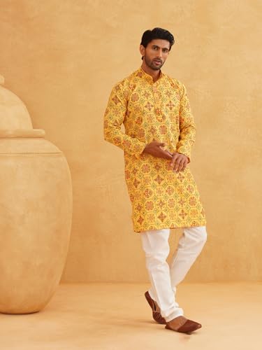 Image of Sojanya (Since 1958 Men'S Cotton Linen Blue Foil Printed Only Long Kurta