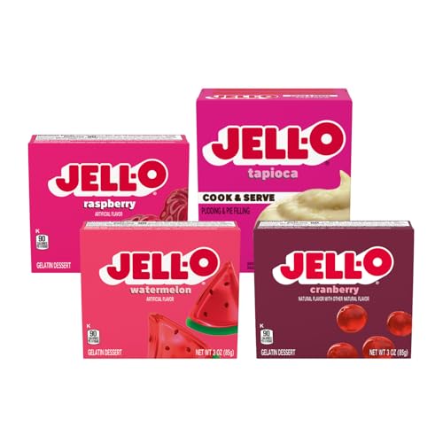 Image of Jell-O Gelatin Dessert Mix, Raspberry, Cranberry & Watermelon Flavors plus Cook & Serve Tapioca Flavor, Includes 4 Total Packs (1 of Each Flavor), Fat Free Desserts & Pudding Mix, Easy Fruit Gelatin for Desserts, Snacks & Parties, 3 oz Each (Variety Pack)