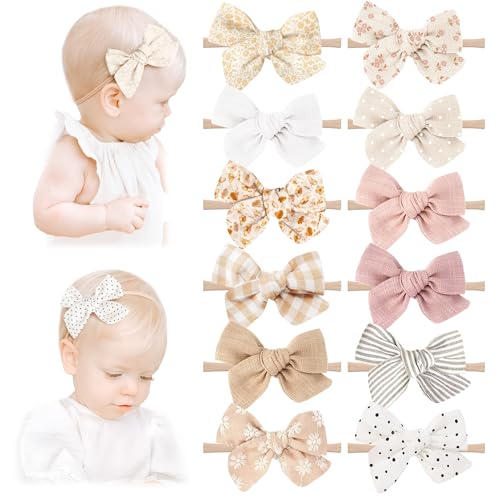 Niceye Baby Bows and Headbands, 12 Packs of Stretchy Nylon Hairbands Hair Bows for Newborns, Infants, Toddlers – Handmade Baby Hair Accessories for Girls