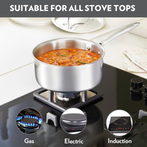 Image of Borosil Cookfresh Triply Stainless Steel Straight Shape Sauce Pan with Lid | SS304 Food Grade Steel, Dishwasher Safe | Compatible for Gas, Induction, Hot Plate, Halogen | 5 Years Warranty (18 cm)