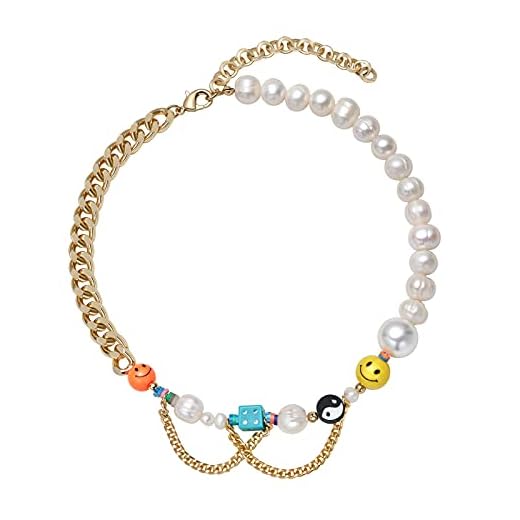 Happy Go Lucky Necklace Smiley Happy Face Pearl Chain Necklace Y2k Yin Yang Rainbow Polymer Clay Beads Cute Creative Handmade Bohemia Charm Choker Necklace For Women Girls
