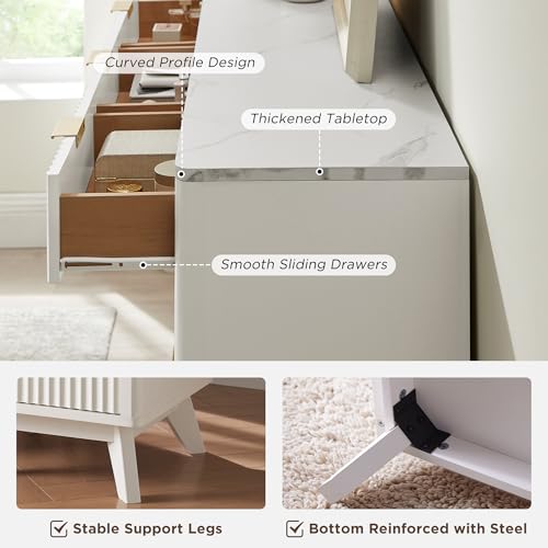 Image of T4TREAM 54 inch Wide Fluted 9 Drawer Dresser for Bedroom, Solid White | Mid Century Modern, Faux Marble Top, Curved Profile, Metal Handles, Anti-tip Kit, Smooth Slides, for Living Room, Hallway