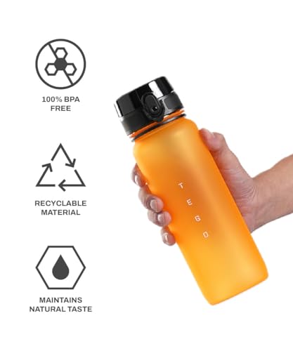 Image of TEGO Rise Tritan Water Bottle | 800ml Secure Flip Lock Lid | BPA-Free, Durable & Impact-Resistant | Wrist Strap for Easy Carry | Hydration Tracker | Gym, Office, Travel Water Bottle (Orange)