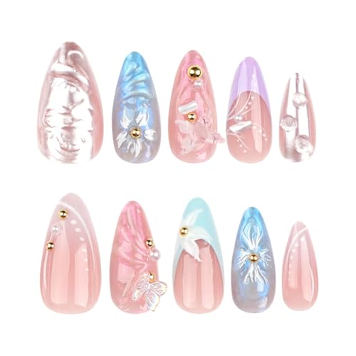 Image of Flower Nail Press ons Butterfly Fake Nails with 3D Design Medium Almond False Nails French Tip Glue on Nials Reusable Artificial Acrylic Full Cover Spring Stick on Nails for Women Girls Manicure 24Pcs