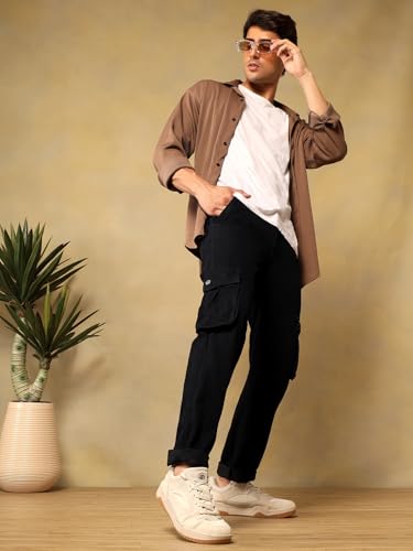 Image of KOTTY Mens Solid|Mid Rise| Utility Pocket|Button|Ankle Length Cargo Jeans