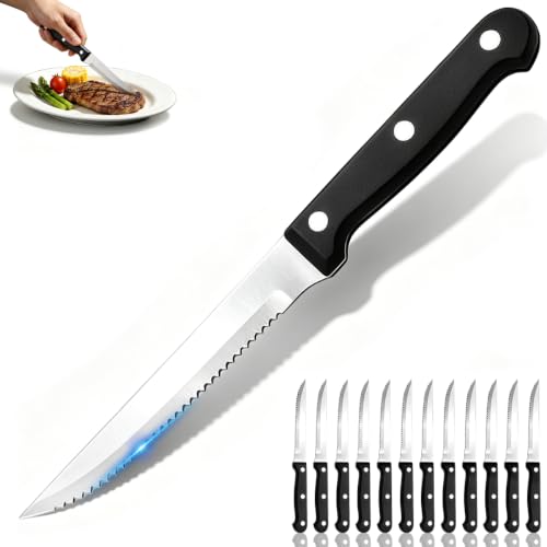 Berglander 12 Stück Steakmesser Set, lebensmittelechte Edelstahlklinge mit schwarzem...