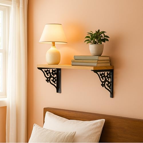 Image of Wall Shelf with Wooden Top Black|White Iron Brackets Storage Rack|Industrial Wall-Mounted Floating Shelf for Living Room,Kitchen,Bathroom (Black Triple Floral Small)