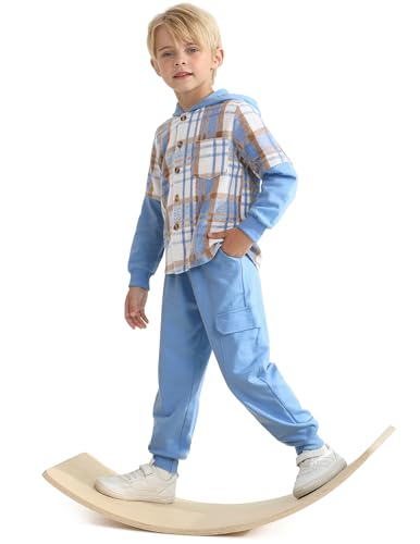 Image of 2Pcs Boys Clothes Sweatsuit Set Hoodie Flannel Plaid Shirt and Jogger Pants for Kids Fall Winter Spring Outfits