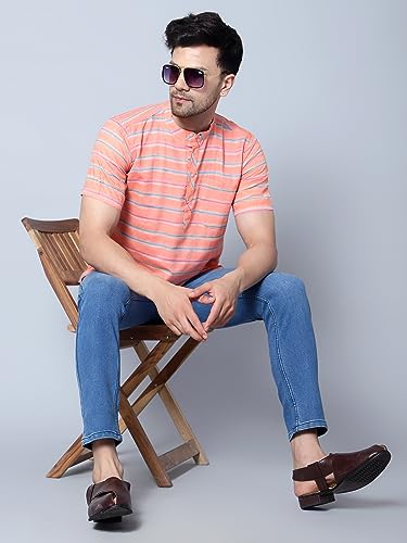 Image of LATEST CHIKAN Men's Cotton Regular Casual Strped Short Kurta Half Sleeves - (SK-LJ.DS.AS)