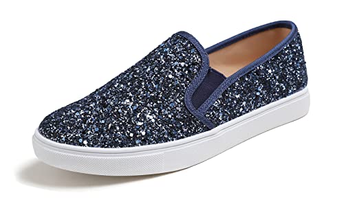 FEVERSOLE Women's Fashion Slip-On Sneaker Casual Flat Loafers Night Blue Glitter Size 8 M US