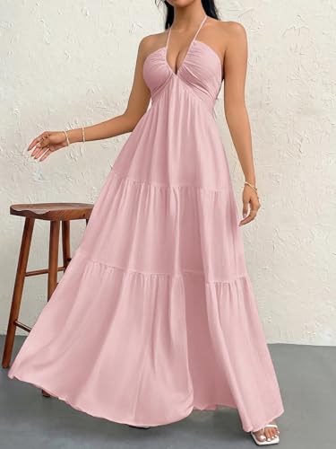 Image of Narecte Women's Maxi Summer Dresses Halter V Neck Beach Dresses for Women A-Line Casual Dress for Vacation