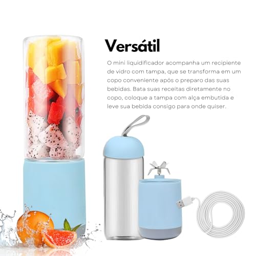 Mini Liquidificador Portátil Em Vidro 6 Lâminas p/Sucos Gelo (Azul)