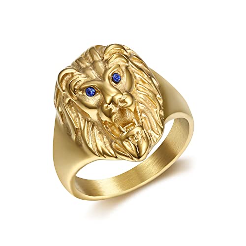 BOBIJOO Jewelry - Petite Chevalière Bague Tête de Lion Acier Yeux Bleus Plaqué Doré Or Homme Femme Enfant - 68 (12 US), Doré Or Fin - Acier Inoxydable 316