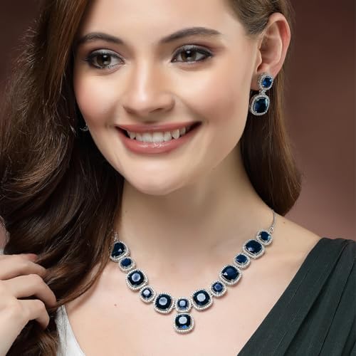 Image of Karatcart Elegant Silver Plated Blue American Diamond Necklace Set for Women