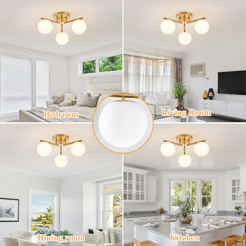 Image of 3 Light Brass Sputnik Ceiling Light Fixture, Globe Semi Flush Mount Ceiling Light, Brass Gold 21.65 '' Milky Glass Globe Mid Century Modern Light for Bedroom Hallway Living Room