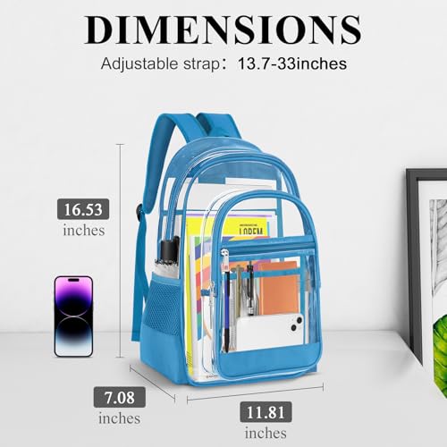 Image of KIMNERPU Clear Backpack, Heavy Duty PVC Transparent Backpack with Reinforced Straps, See Through Multiple Pockets Large Capacity Bookbag for Sport Event Work Security Travel Festival (Lake Blue)