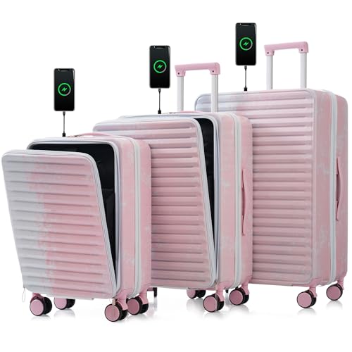 Luggage 3 Piece Sets, front pocket,Hard Shell Luggage Carry on Luggage Set with TSA Lock,usb,universal wheel,cup holde(20in/24in/28in) (Gradient Pink)
