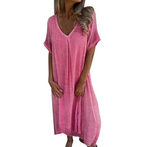FNKDOR Leinenkleider für Damen Sommerkleid Lange Leicht V-Ausschnitt Kurzarm Einfarbig Locker Leinenkleid (Pink, XXL)