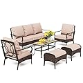 PHI VILLA Outdoor Patio Furniture Set?Premium Rattan Wicker Metal Patio Conversation Sets for Backyard w/Coffee Table, Seat Cushions