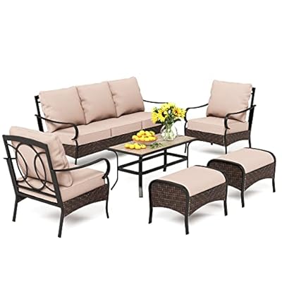 PHI VILLA Outdoor Patio Furniture Set?Premium Rattan Wicker Metal Patio Conversation Sets for Backyard w/Coffee Table, Seat Cushions
