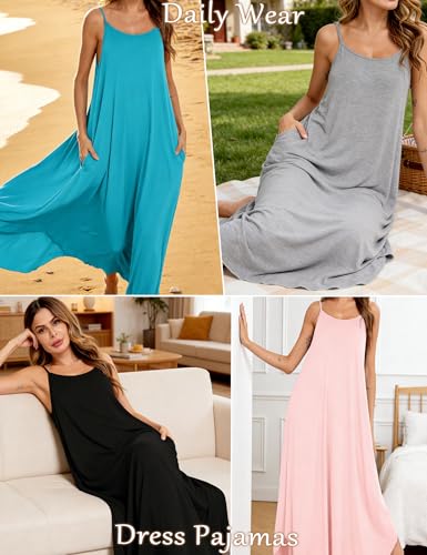 Image of SWOMOG Women Long Nightgown Pajama Dress Soft Strap Nightdress Summer Sleeveless Nightshirt Lounge Dress with Pockets Grey Large