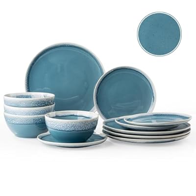 Dafuceramic Plates and Bowls Sets, 12 Pieces Blue Dinnerware Sets for Kitchen, Reactive Glaze Dishes Set for 4, Dishwasher and Microwave Safe, Series Starflecked Shore (Blue)