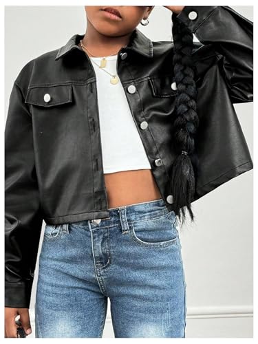 Girl's PU Leather Cropped Jacket Button Down Long Sleeve Outerwear Streetwear3