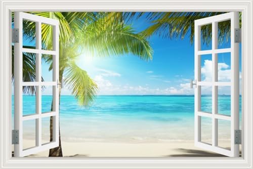 Beautiful White Beach Sunshine Through Coconut Tree 3D Window View Wall Sticker Blue Ocean Sea Theme Tropical Island Wall Decor Decals for Bedroom Apartment Living Room Wall Mural Wallpaper - 20"x28"