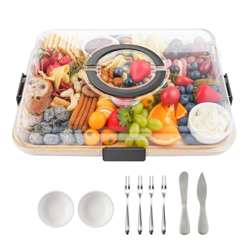Charcuterie Board with Lid and Handle, Portable Travel Design Bamboo Cheese Board with Knife Set,...