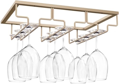 MATILODI Wine Glass Rack - Under Cabinet Stemware Wine Glass Holder - Wine Glasses Storage Hanger Metal Organizer for Cabinet Kitchen Bar (Champagne Gold, 3 Rows 1 Pack)