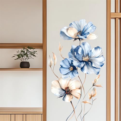 sacinora Blue White Peonies Wall Stickers Elegant Floral Wall Art Decals